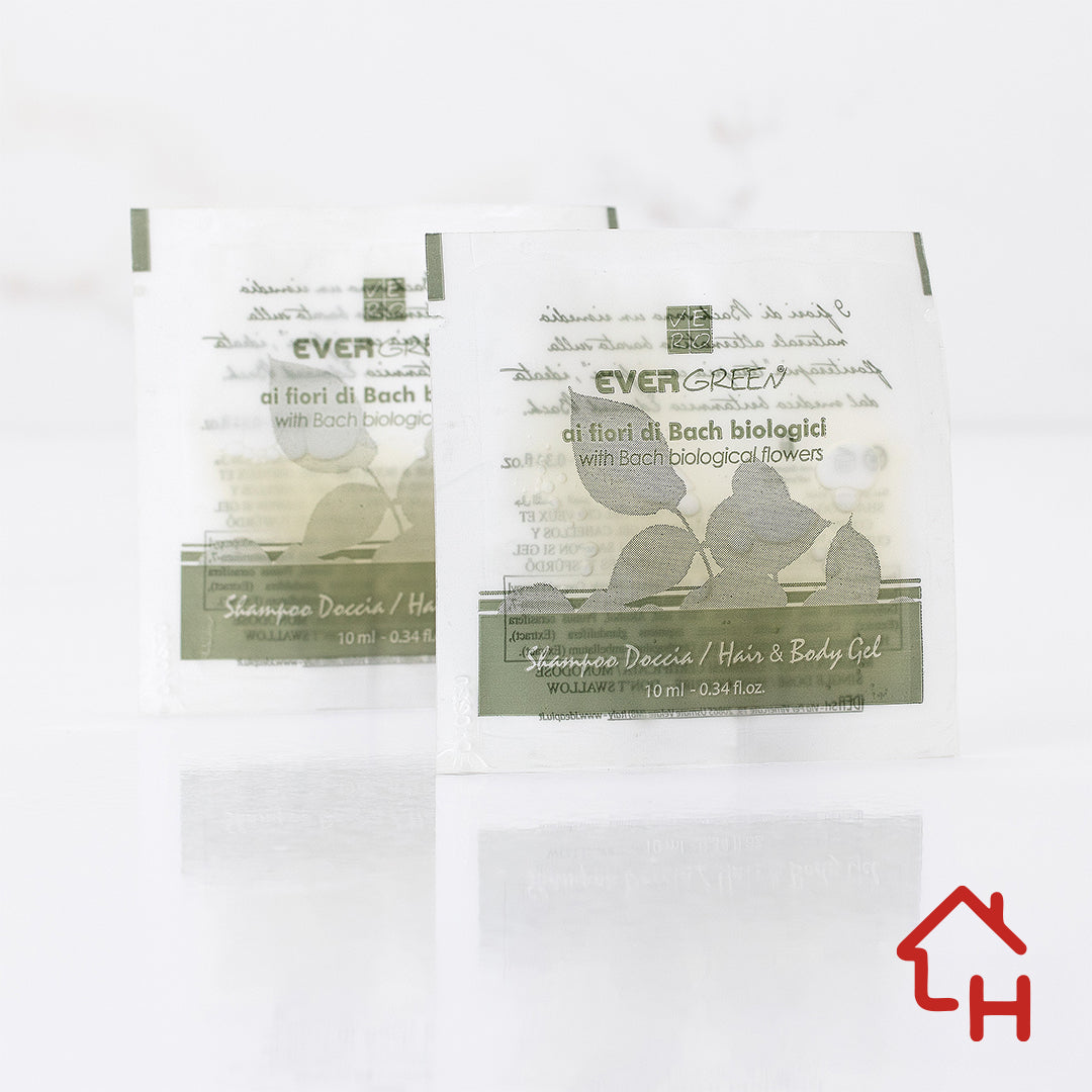 Shower Shampoo "Evergreen" – 10 ml – 8x8 cm Sachet – Pack of 500 pieces